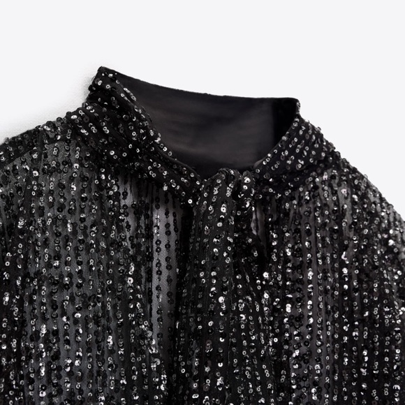 ZARA TIED COLLAR SEQUIN BLOUSE - Picture 2 of 3